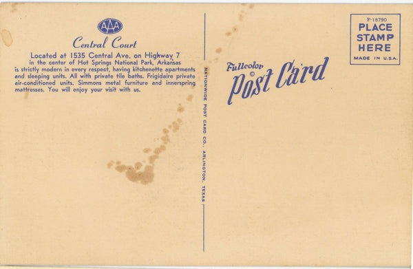 Central Court Motel Hot Springs National Park Arkansas Vintage Postcard c 1940s