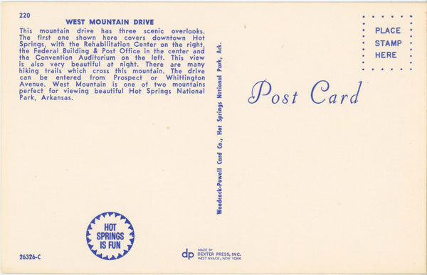 West Mountain Drive Hot Springs National Park Arkansas Vintage Postcard c 1960s