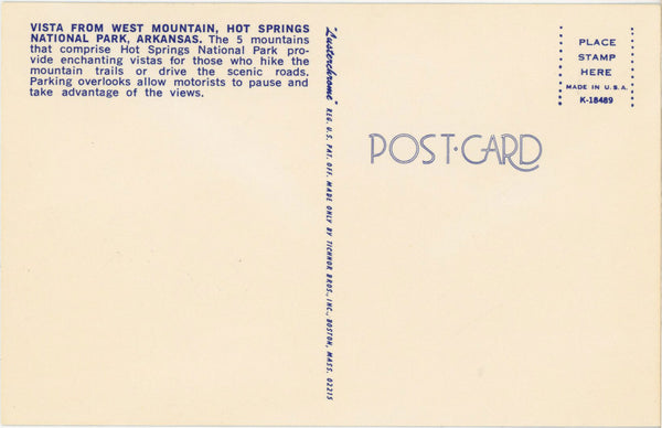 West Mountain Vista Hot Springs National Park Arkansas Vintage Postcard c 1960s