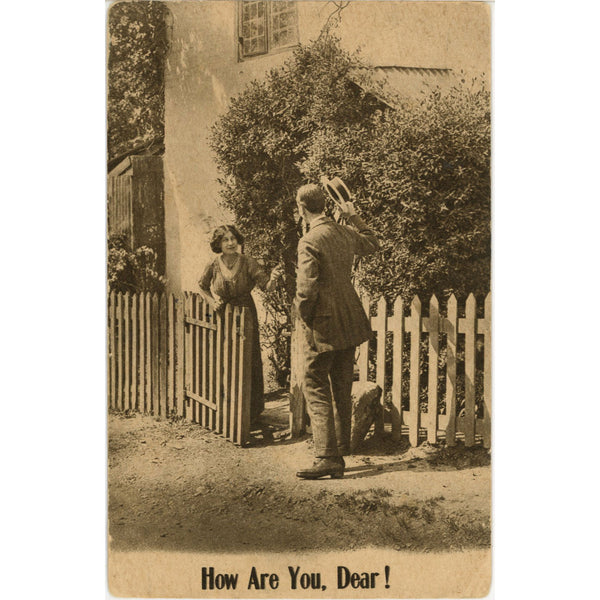 How Are You Dear! Romantic Couple at Gate Vintage Postcard 1914