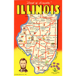 Illinois State Map Land of Lincoln Vintage Postcard (unused)