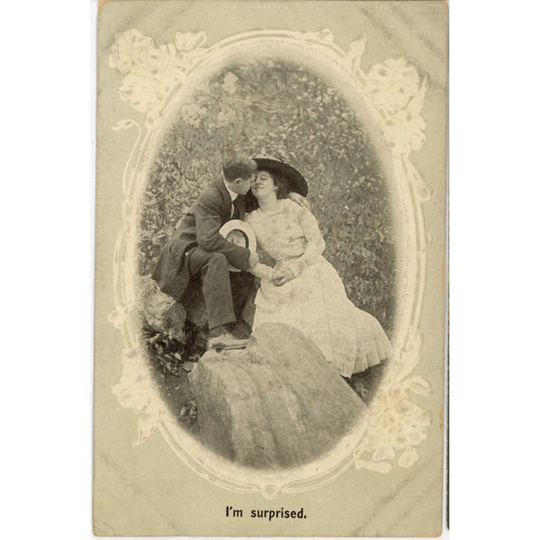 I'm Surprised Romantic Couple Kissing Vintage Embossed Postcard c 1910s
