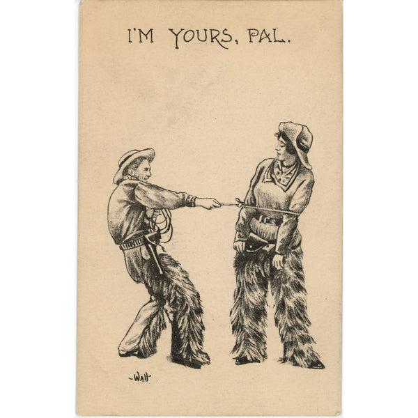 Vintage Western Valentine Postcard Cowboy Lassoing Cowgirl Valentine SIGNED Bernhardt Wall (unused)