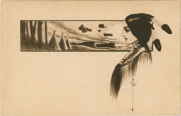 Indian Maiden Sepia Vintage Native American Postcard signed C RYAN (unposted)