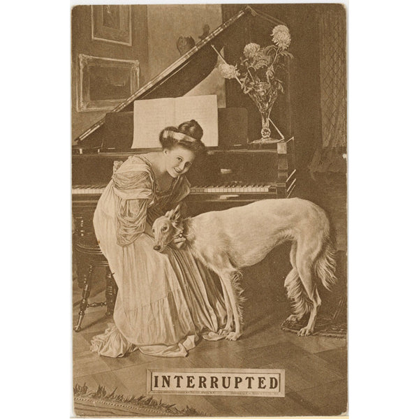 Woman Playing Piano "Interrupted" by Wolfhound Vintage Dog Postcard c. 1910s