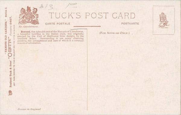 Vintage Tuck's Oilette Botanical Postcard Famous Old Gardens Italian 1910s (unused)