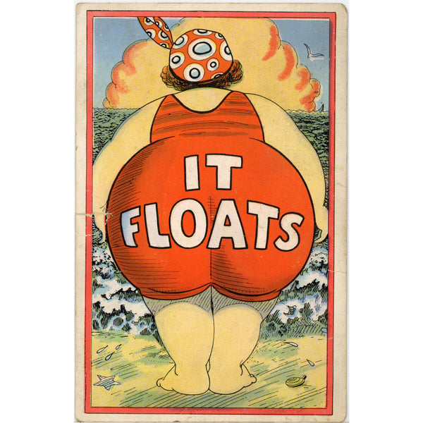 Woman in Swimsuit w/ Large Behind 'It Floats' Vintage Comic Postcard c. 1910s