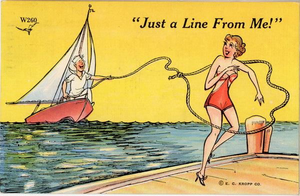 Bathing Beauty & Sailor Just A Line From Me Vintage Comic Postcard 1941