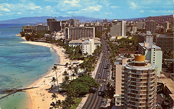 Waikiki Honolulu Hawaii Kalakaua Avenue Aerial Vintage Postcard