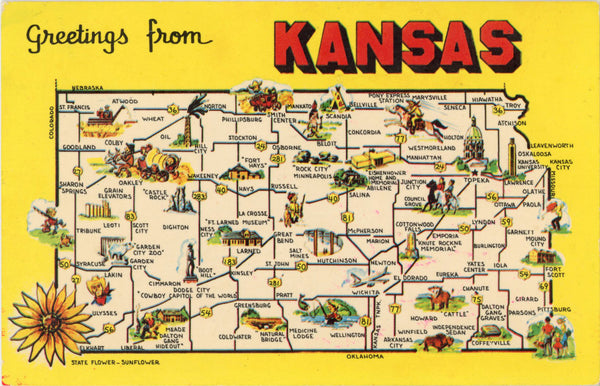 Kansas Sunflower State Map Vintage Postcard (unused)