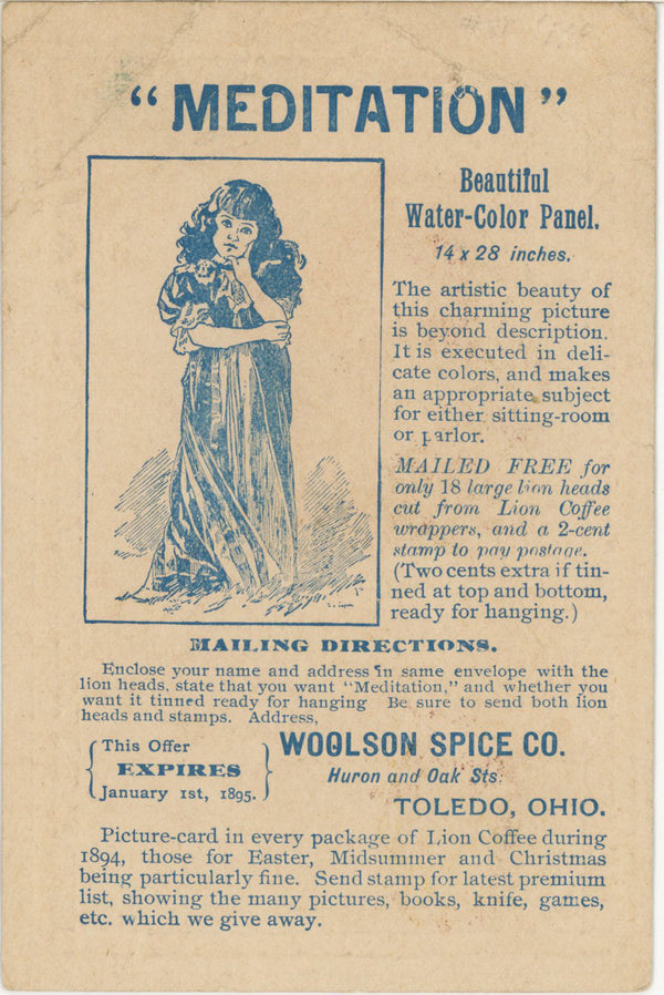 Embossed Lion Coffee / Woolson Spice Co Kittens Cats Victorian Trade Card 1894