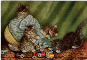 Kittens Playing with Thread in Sewing Basket Vintage Cat Postcard 1916 - Vintage Postcard Boutique
