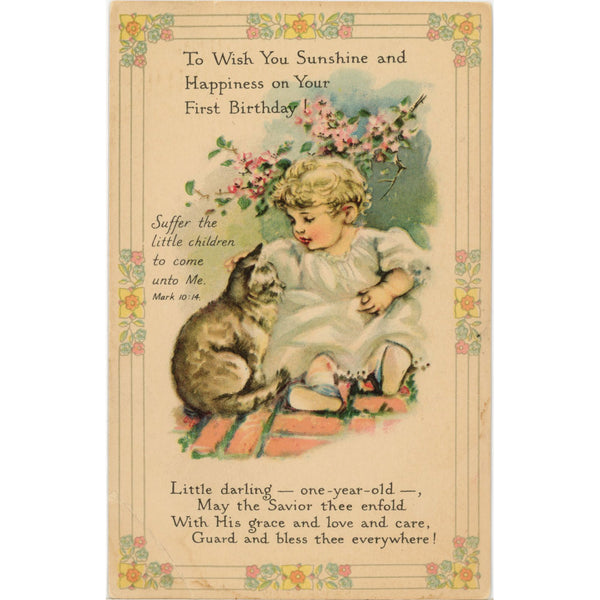 Tabby Kitten & Toddler Religious Birthday Greetings Vintage Cat Postcard c1920s