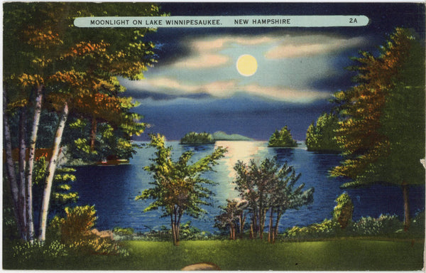 Lake Winnipesaukee in Moonlight White Mountains New Hampshire Vintage Postcard 1949
