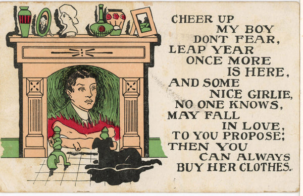 Leap Year Dog by Fireplace Romantic Vintage Postcard 1906