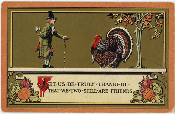 Pilgrim with Ax & Turkey Thanksgiving Vintage Embossed Postcard c. 1910s Bon Ton Art