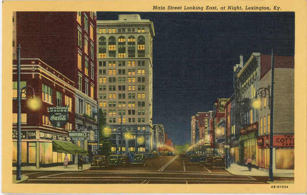 Lexington Kentucky Main Street Looking East at Night Vintage Postcard 1954