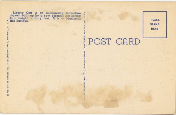 Liberty Cap Yellowstone National Park Wyoming Vintage Postcard (unposted)