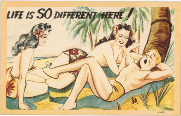 Life Is So Different Here Bathing Beauties Comic Vintage Postcard Signed CHET WARNER (unused) - Vintage Postcard Boutique