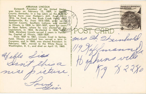 President Abraham Lincoln Portrait Vintage Postcard 1939