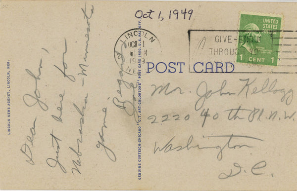 Lincoln Nebraska Large Letter Vintage Postcard 1949