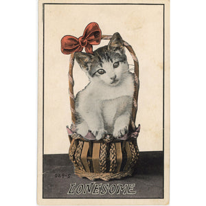 Lonesome Cat in Basket with Red Bow Vintage Cat Postcard 1920 - Vintage Postcard Boutique