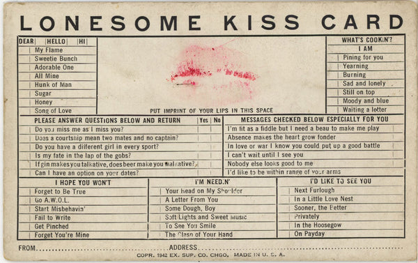 Lonesome Kiss Card WWII Romantic Vintage Postcard 1942