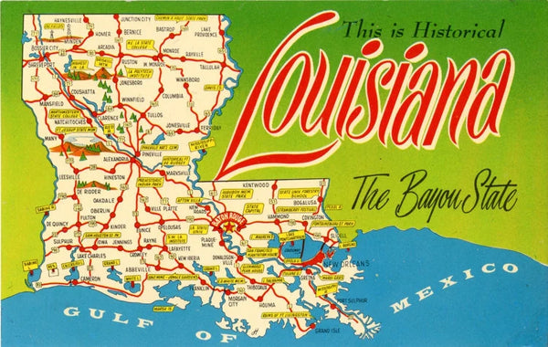 Louisiana State Map Vintage Chrome Greetings Postcard (unused)