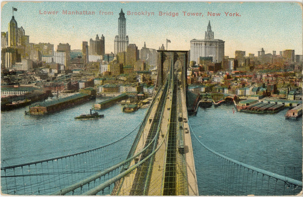 Lower Manhattan Skyline from Brooklyn Bridge Tower New York City Vintage Postcard 1914