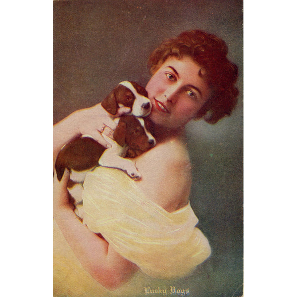 Pretty Lady & Puppies 'Lucky Dogs' Vintage Postcard c 1910s