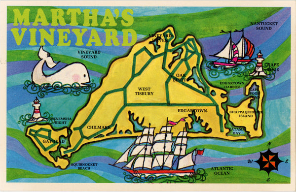 Martha's Vineyard Massachusetts State Map Vintage Postcard (unposted)