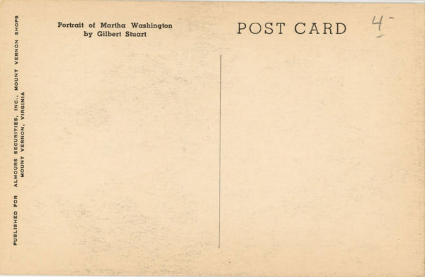 First Lady Martha Washington Portrait by Gilbert Stuart Vintage Postcard (unused)