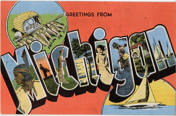 Michigan Large Letter Vintage Linen Postcard (unposted)