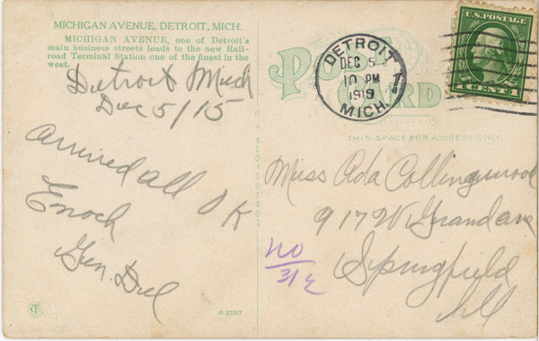 Michigan Avenue Street Scene Detroit Michigan Vintage Postcard 1919
