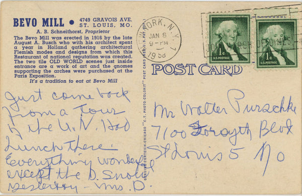 Schneithorst's Bevo Mill Dining Room St. Louis Missouri Vintage Postcard 1958