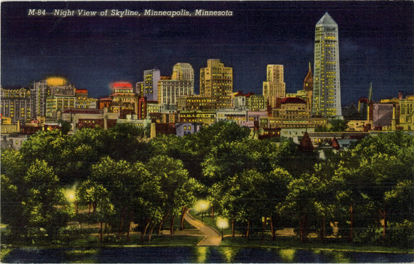 Minneapolis Minnesota Night View Skyline Postcard (unused)