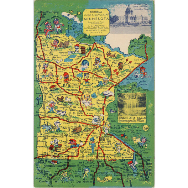 Minnesota State Pictorial Mileage Map Vintage Postcard 1941