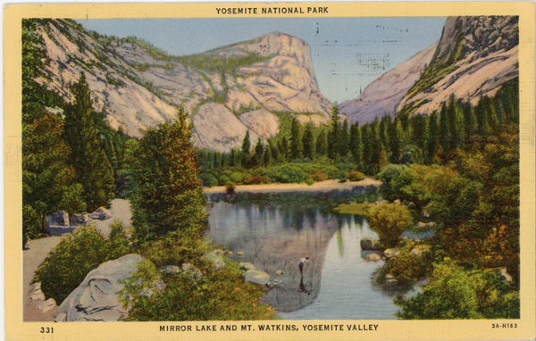 Mirror Lake Mt. Watkins Yosemite National Park California Vintage Postcard 1940