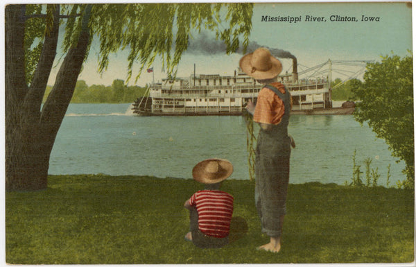 Mississippi River Kids Watching Paddleboat Clinton Iowa Vintage Postcard (unposted)
