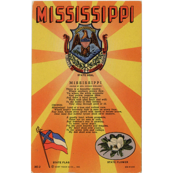 Mississippi State Seal Flag Flower Vintage Postcard (unposted)