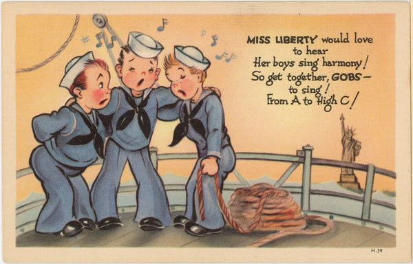 WWII Navy Sailors Sing Miss Liberty Patriotic Vintage Military Postcard (unposted)