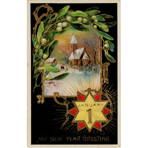 New Year January 1 Mistletoe Church Gold Embossed Postcard Vintage 1912 - Vintage Postcard Boutique
