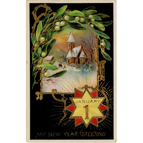 New Year January 1 Mistletoe Church Gold Embossed Postcard Vintage 1912