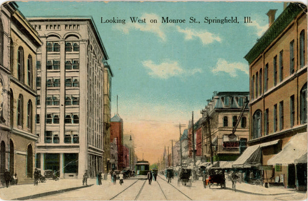 Springfield Illinois Looking West on Monroe Street Vintage Postcard 1913