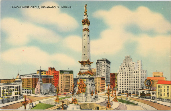 Monument Circle Indianapolis Indiana Vintage Postcard c. 1940s (unposted)