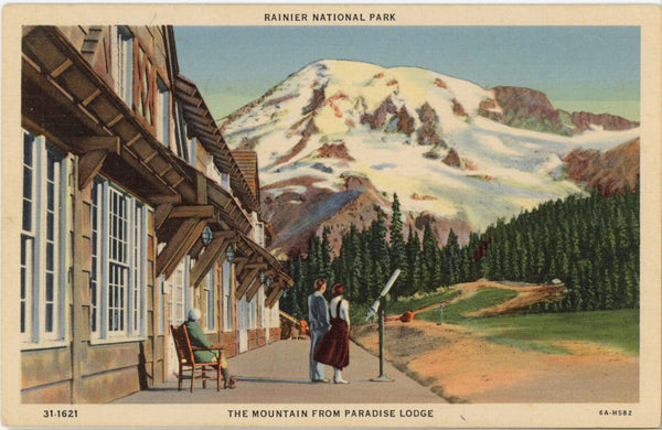 Mt. Rainier from Paradise Lodge Rainier National Park Washington Vintage Postcard c. 1930s