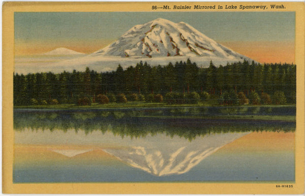 Mt. Rainier Mirrored in Lake Spanaway Rainier National Park Washington Vintage Postcard (unused)