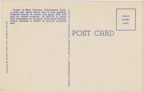 Crater of Mud Volcano Yellowstone National Park Wyoming Vintage Postcard (unposted)