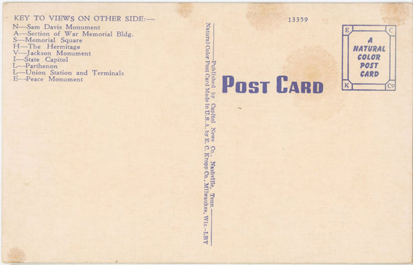 Nashville Tennessee Large Vintage Postcard (unposted)