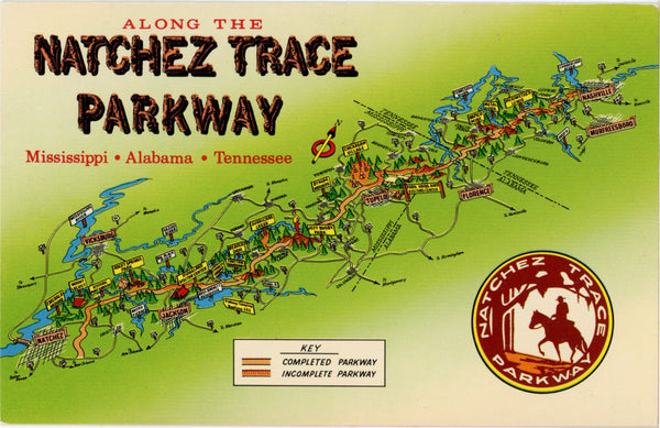Natchez Trace Parkway Map Mississippi Alabama Tennessee Vintage Postcard (unposted)